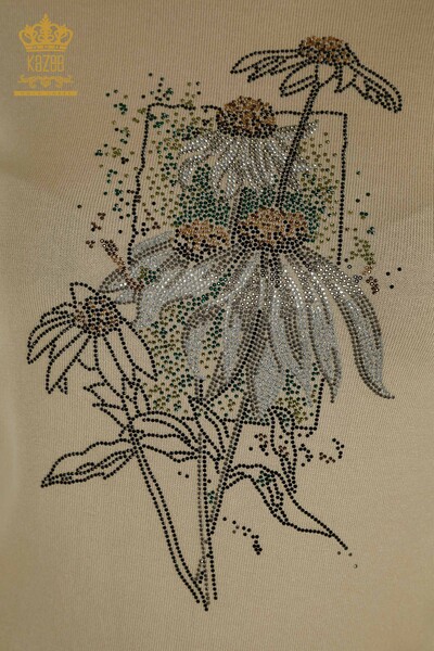 Großhandel Damen-Strickpullover - Blumen stickerei - Beige - 30612 | KAZEE - Thumbnail