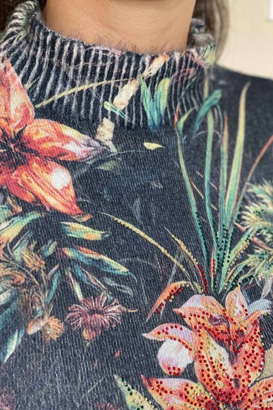 Großhandel für Damen-Strickpullover - Blumen muster Digitaldruck - Angora - 18819 | KAZEE