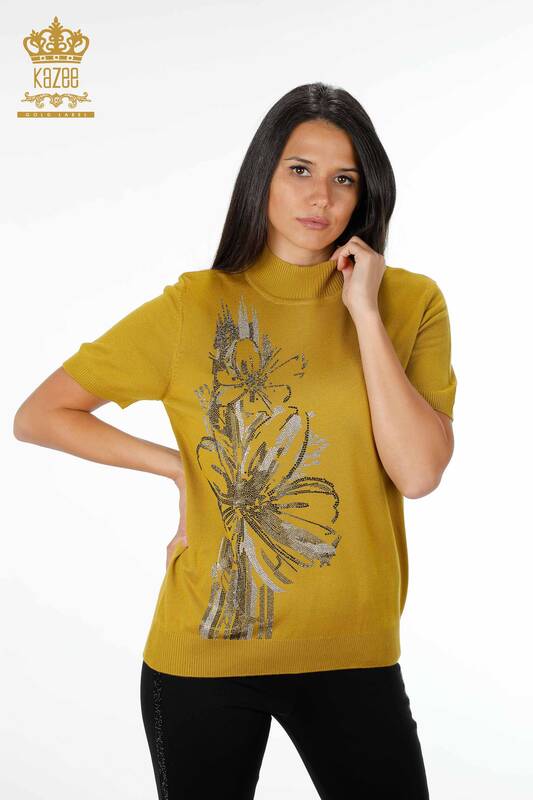 Großhandel für Damen strickwaren - Blumenmuster - Amerikanisches Modell - Steinbestickt - 16693 | KAZEE