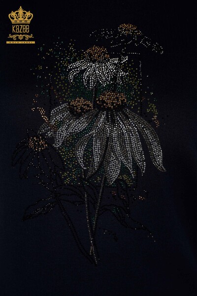 Großhandel Damen-Strickpullover – Blumenmuster – Marineblau – 16963 | KAZEE - Thumbnail