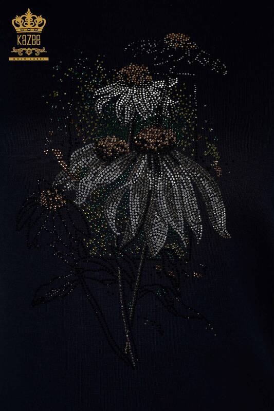 Großhandel Damen-Strickpullover – Blumenmuster – Marineblau – 16963 | KAZEE