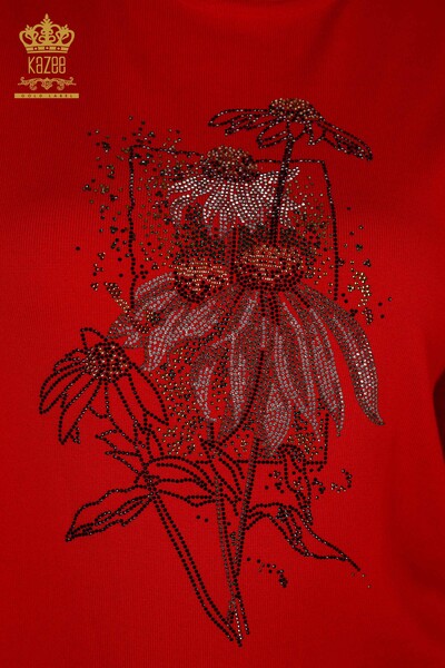 Großhandel Damen-Strickpullover – Blumenmuster – Rot – 16963 | KAZEE - Thumbnail