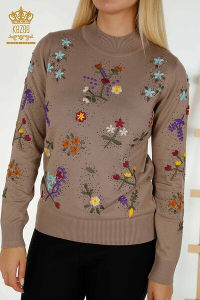 Großhandel Damen-Strickpullover - Bunt Blumen stickerei - Nerz - 16445 | KAZEE - 2