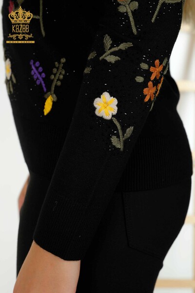 Großhandel Damen-Strickpullover - Bunt Blumen Stickerei - Schwarz - 16445 | KAZEE - 6