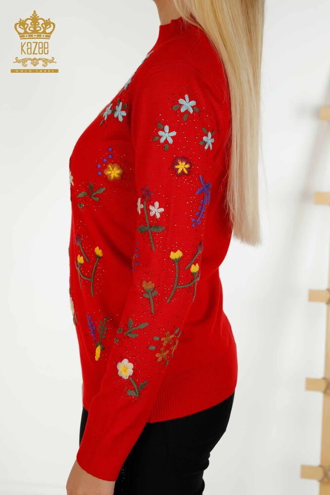 Großhandel Damen-Strickpullover - Bunt Blumen bestickt - Rot - 16445 | KAZEE - 5
