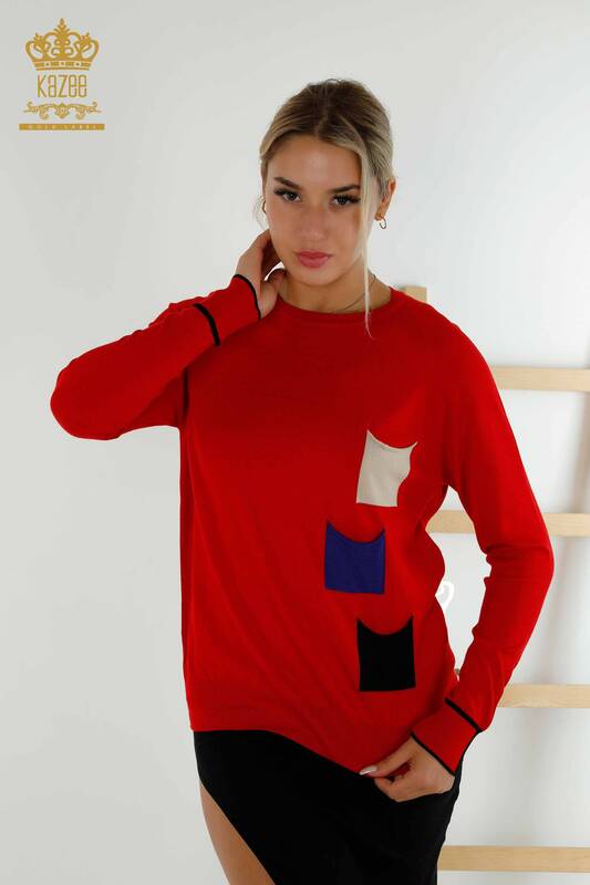 Großhandel Damen Strickpullover - Farbige Taschen - Rot - 30108 | KAZEE