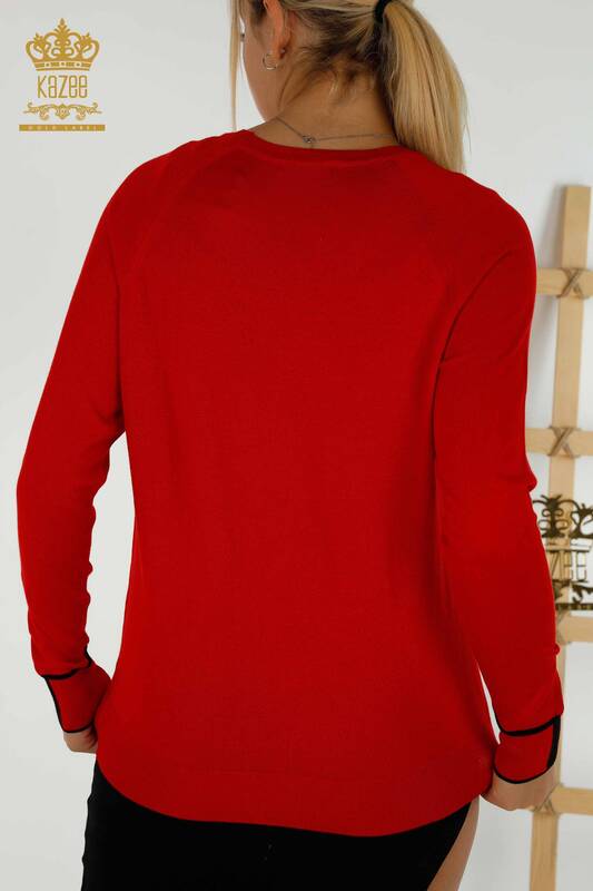 Großhandel Damen Strickpullover - Farbige Taschen - Rot - 30108 | KAZEE