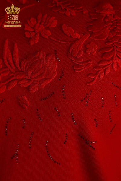 Großhandel Damen-Strickpullover - Blumen Stickerei - Rot - 16849 | KAZEE - 4