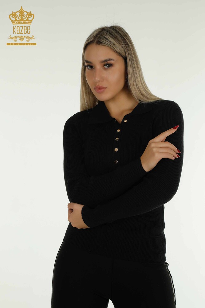 Großhandel Damen-Strickpullover - Knopf detail - Schwarz - 30364 | KAZEE - 1