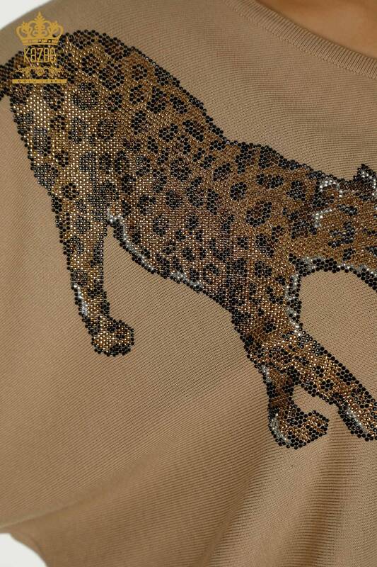 Großhandel Damen-Strickpullover - Leopard Stein bestickt - Beige - 30633 | KAZEE