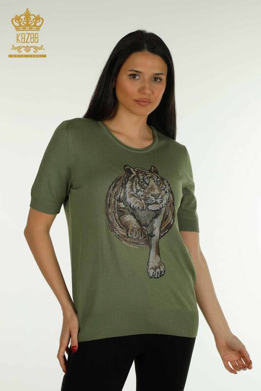 Großhandel Damen-Strickpullover - Leopard Stein bestickt - Khaki - 30747 | KAZEE