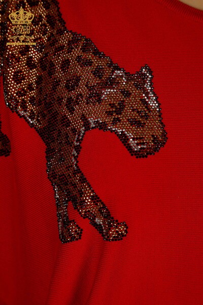 Großhandel Damen-Strickpullover - Leopard Stein bestickt - Rot - 30633 | KAZEE - Thumbnail