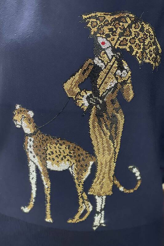 Großhandel Damen-Strickpullover - Leoparden Detail - Rundhalsausschnitt - 16557 | KAZEE