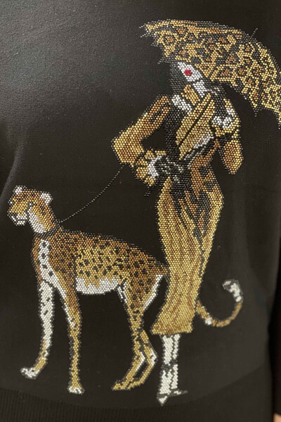 Großhandel Damen-Strickpullover - Leoparden Detail - Rundhalsausschnitt - 16557 | KAZEE - Thumbnail