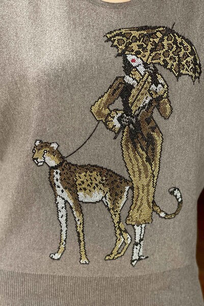 Großhandel Damen-Strickpullover - Leoparden Detail - Rundhalsausschnitt - 16557 | KAZEE - Thumbnail