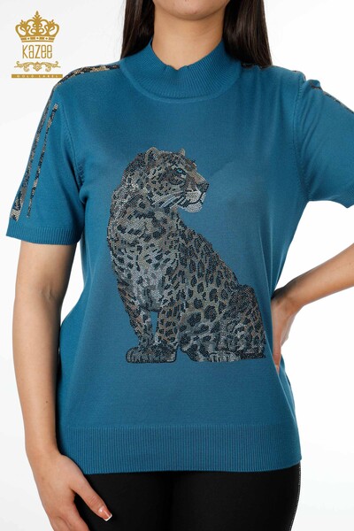 Großhandel für Damen strickwaren - Leoparden muster - Ärmel Gestreift bestickt - Kurzarm - 16856 | KAZEE - Thumbnail