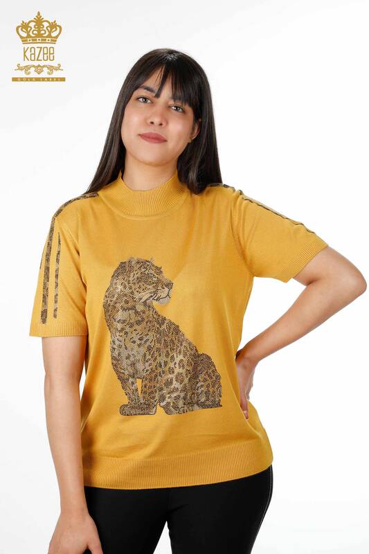 Großhandel für Damen strickwaren - Leoparden muster - Ärmel Gestreift bestickt - Kurzarm - 16856 | KAZEE