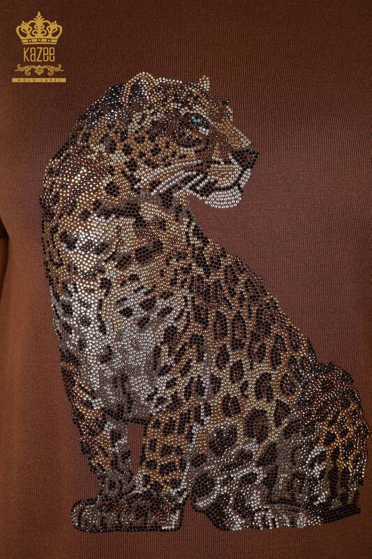 Großhandel für Damen strickwaren - Leoparden muster - Ärmel Gestreift bestickt - Kurzarm - 16856 | KAZEE