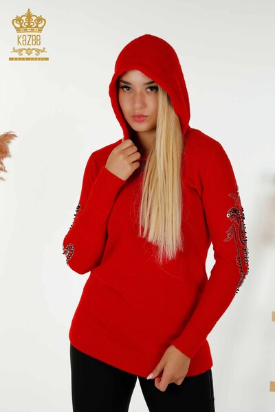 Großhandel Damen-Strickpullover - Mit Kapuze - Rot - 40006 | KAZEE - 6