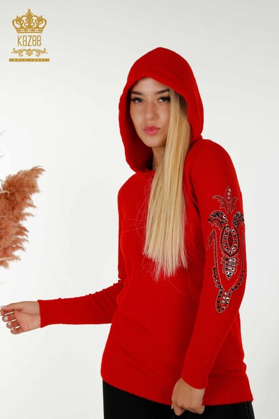 Großhandel Damen-Strickpullover - Mit Kapuze - Rot - 40006 | KAZEE - 7