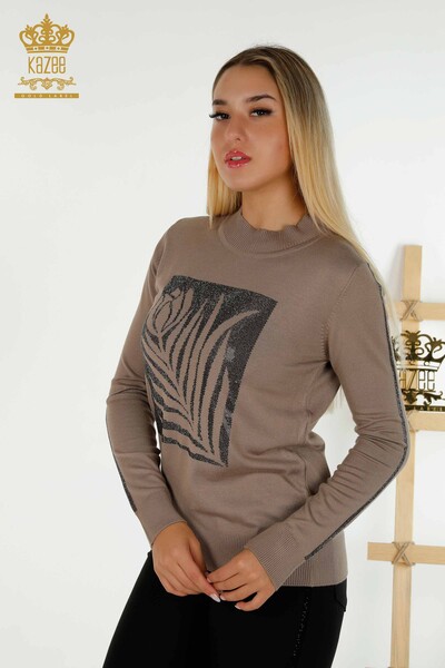 Großhandel Damen Strickpullover - Rosenmuster - Nerz - 30448 | KAZEE 