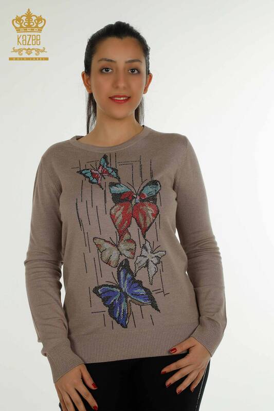 Großhandel Damen-Strickpullover - Schmetterling bestickt - Nerz - 30215 | KAZEE