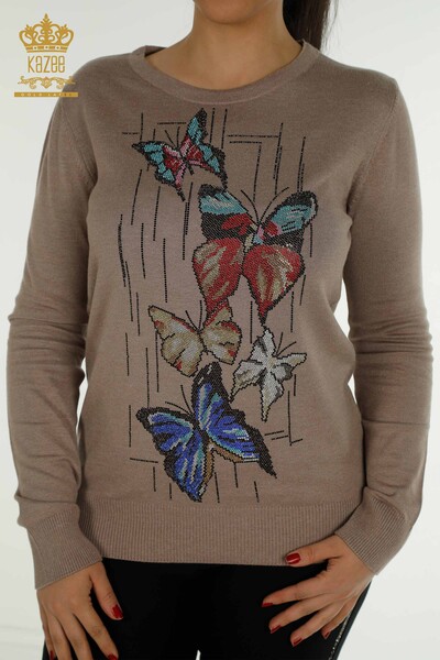 Großhandel Damen-Strickpullover - Schmetterling bestickt - Nerz - 30215 | KAZEE - Thumbnail
