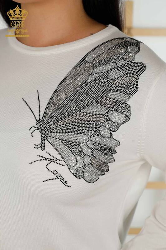 Großhandel Damen-Strickpullover - Schmetterlingsmuster - Ecru - 16958 | KAZEE