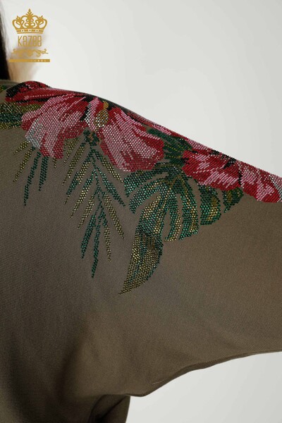 Großhandel Damen-Strickpullover - Schulter Blumen detail - Khaki – 16133 | KAZEE - Thumbnail