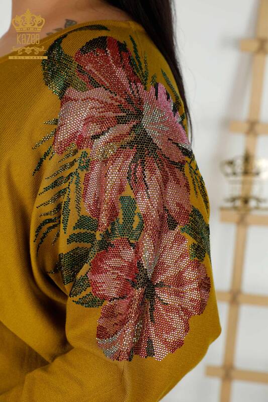 Großhandel Damen-Strickpullover - Schulter Blumen detail - Limette - 16133 | KAZEE