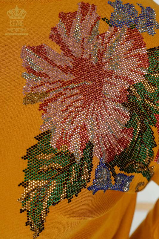 Großhandel Damen-Strickpullover – Schulter Blumen detail – Safran – 16190 | KAZEE