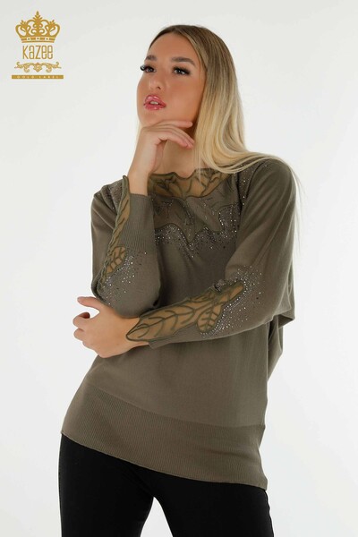 Großhandel Damen-Strickpullover - Tüll detailliert - Khaki - 30662 | KAZEE - Kazee