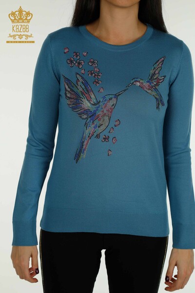 Großhandel Damen-Strickpullover - Vogel bestickt - Blau - 30401 | KAZEE - 2