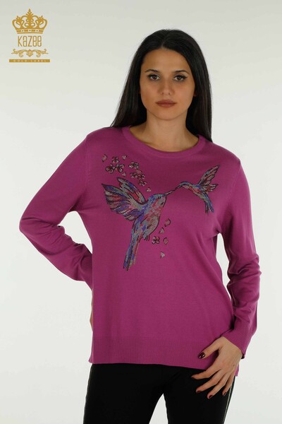 Großhandel Damen-Strickpullover - Vogel bestickt - Fuchsia - 30401 | KAZEE - 1