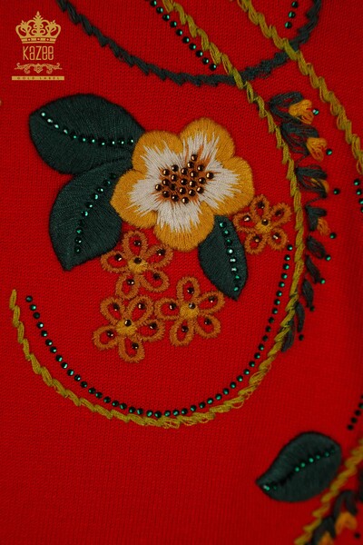 Großhandel Damen Strickwaren - Blumenmuster - Rot - 16811 | KAZEE - Thumbnail