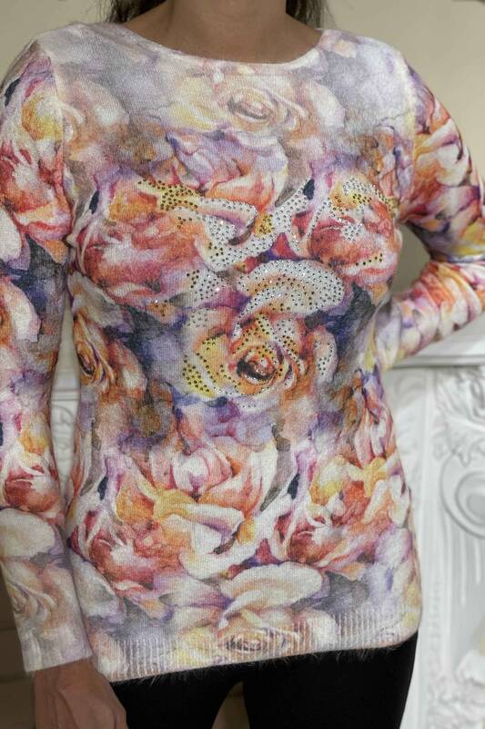 Großhandel Damen strickwaren - Digitaldruck - Angora - Blumenmuster - 18569 | KAZEE