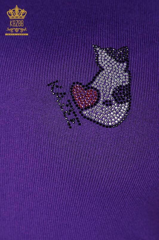 Großhandel Damen Pullover Katze Muster ärmellos Lila-16902 / KAZEE