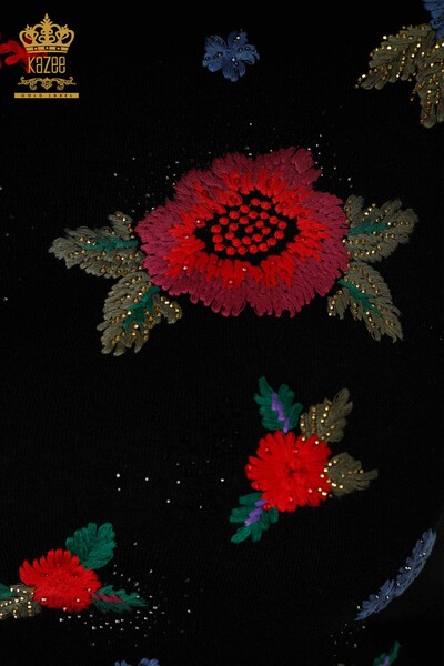 Großhandel Damen Strickwaren Pullover Buntes Blumenmuster Schwarz - 16892 | KAZEE - Thumbnail