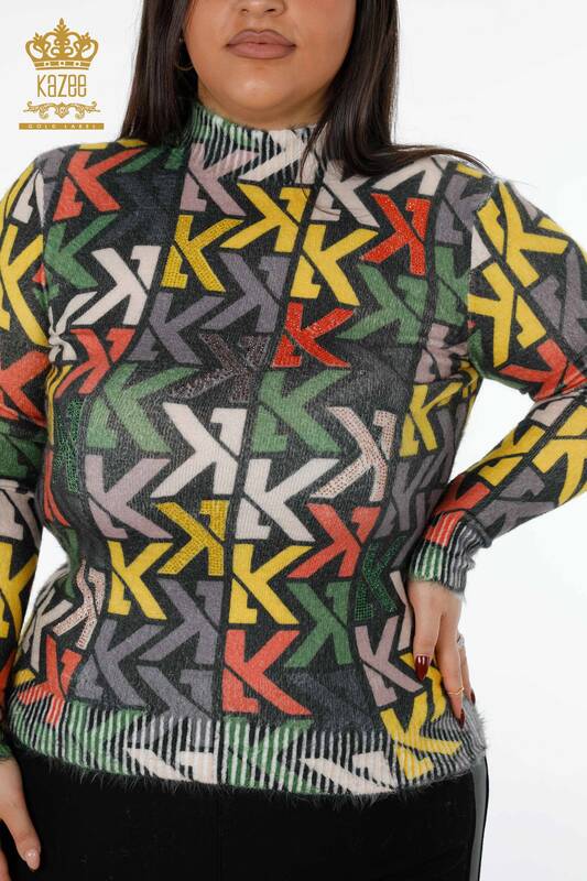 Großhandel Damen Strickwaren Pullover Buntes Muster Angora Digitaldruck - 18938 | KAZEE