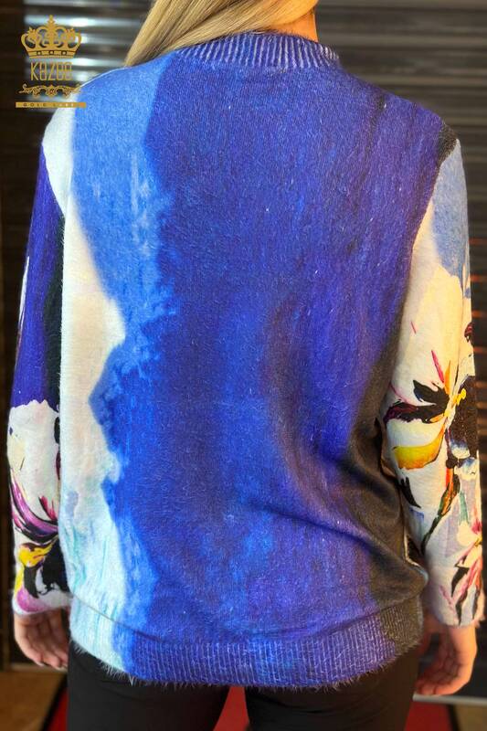 Großhandel Damen Strick Pullover Digitaldruck Blau - 18958 | KAZEE