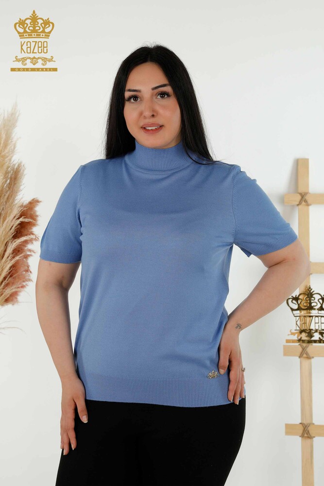 Großhandel Damen Strickpullover Hoher Kragen Viskose Blau - 16168 | KAZEE - 1