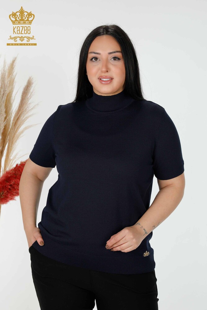 Großhandel Damen Strickwaren Pullover Hoher Kragen Viskose Navy - 16168 | KAZEE - 1