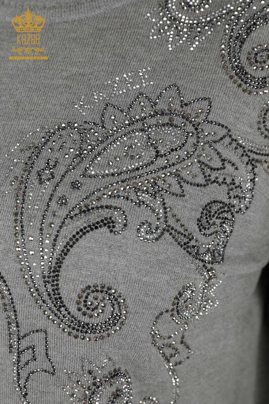 Großhandel Damen Pullover - Kristall Stein bestickt - Grau - 30013 | KAZEE