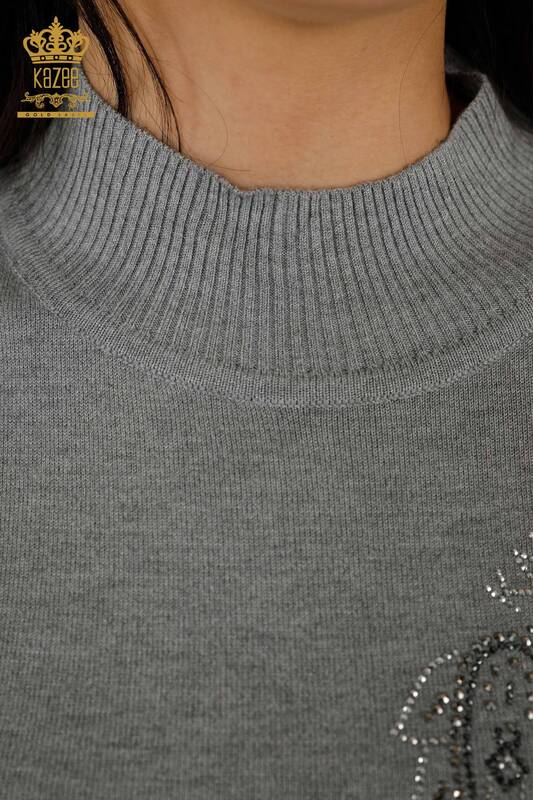 Großhandel Damen Pullover - Kristall Stein bestickt - Grau - 30013 | KAZEE