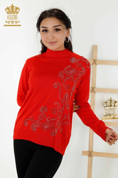 Großhandel Damen-Strickpullover - Kristall Stein Bestickt - Coral - 30013 | KAZEE 