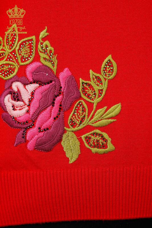 Großhandel Damen Strickwaren Pullover Langarm Rose Gemusterte Steinstickerei - 16846 | KAZEE