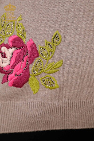 Großhandel Damen Strickwaren Pullover Langarm Rose Gemusterte Steinstickerei - 16846 | KAZEE - Thumbnail