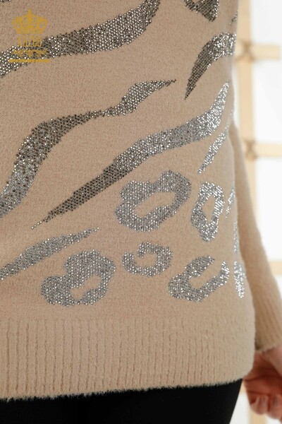 Großhandel Damen Strick pullover - Leopard Stein bestickt - Beige - 40004 | KAZEE - Thumbnail