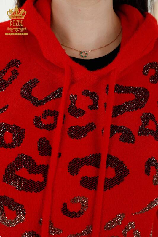 Großhandel Damen Pullover - Leopard Stein bestickt - Rot - 40004 | KAZEE
