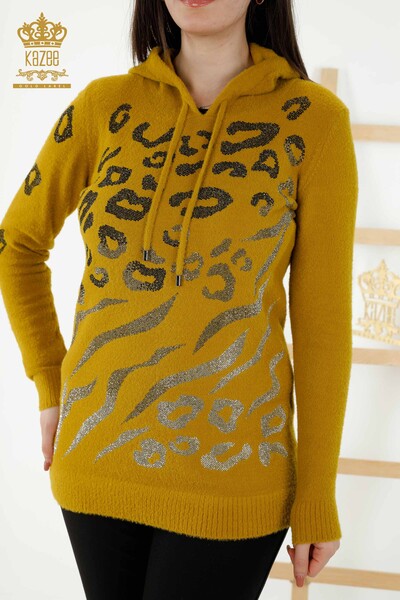 Großhandel Damen Strick pullover - Leopard Stein bestickt - Safran - 40004 | KAZEE - Thumbnail